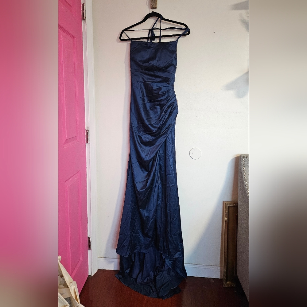 NWT Stacees navy Blue Mermaid Open Slit Square Neckline Sweep Train Satin Prom - Picture 5 of 8